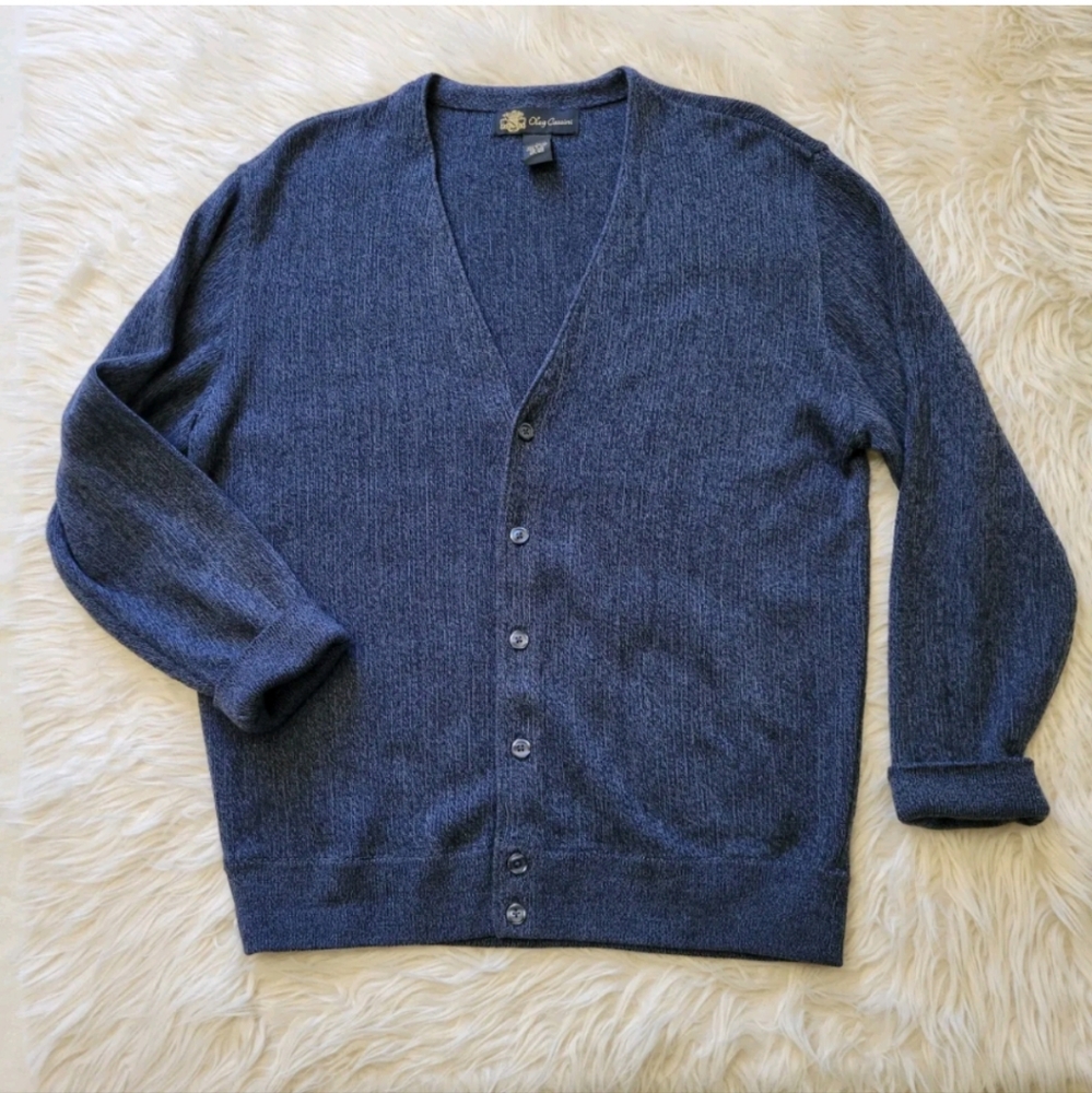 Vintage Oleg Cassini Men's Cardigan Sweater Sz L Navy Blue 90s